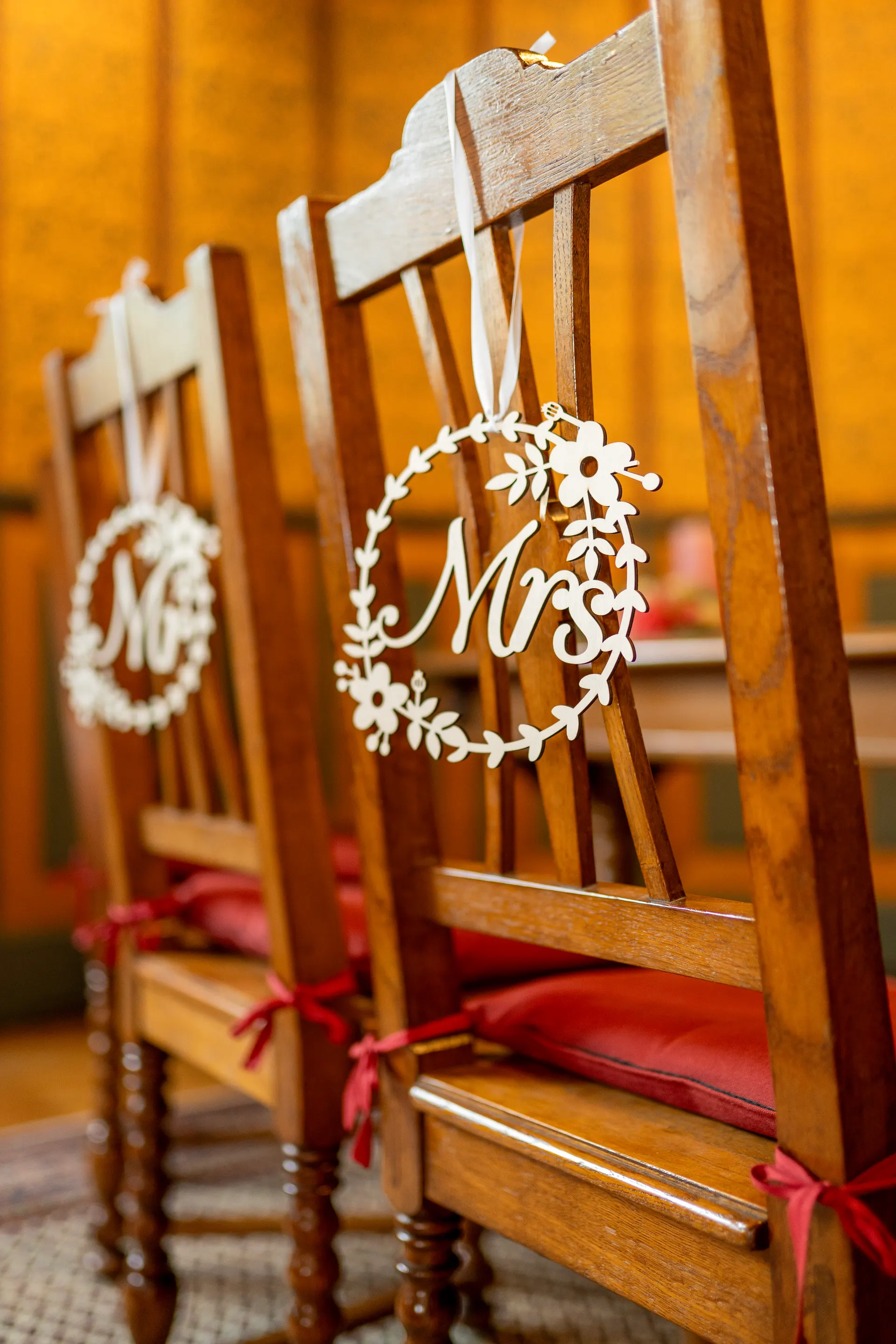 Wooden chairs with Mr and Mrs signs in the wedding room of the Mutterturm, Landsberg am Lech